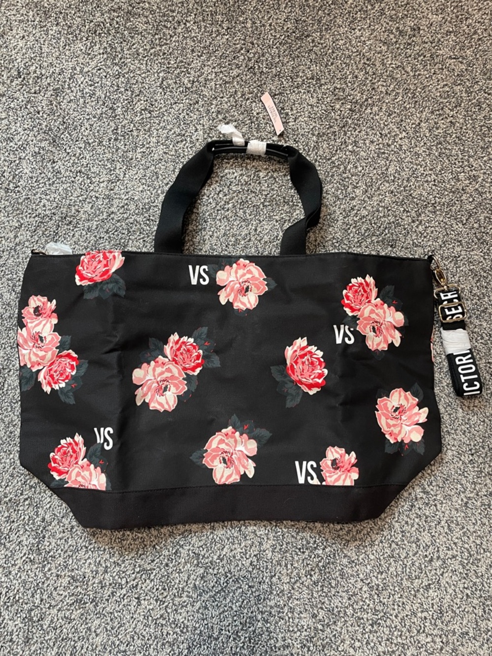 Victoria's Secret Black Tote with Pink Floral Print NWT